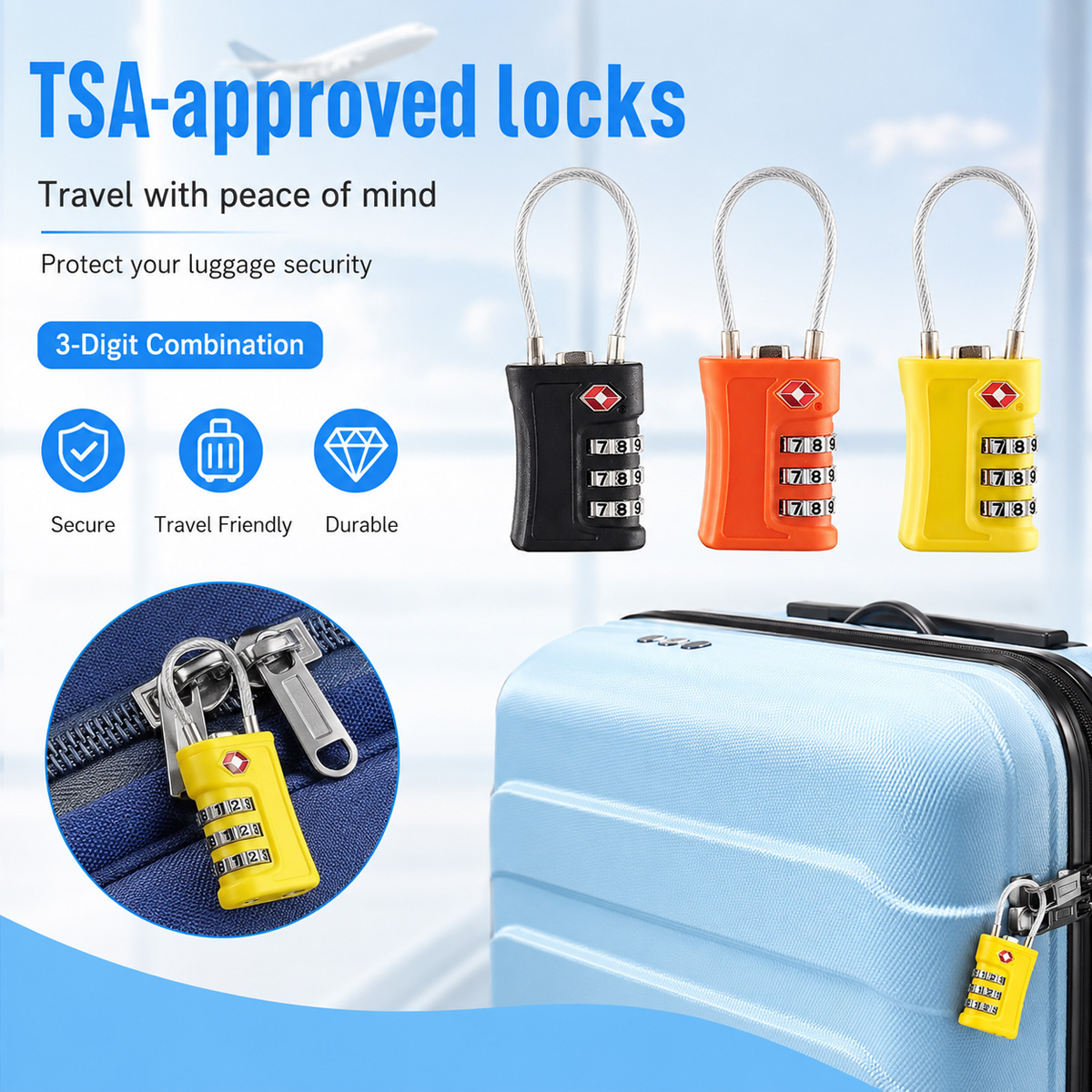 Home Improvement Hardware - TSA承認済み荷物ロック 3桁コンビネーションケーブル南京錠 スーツケース、旅行バッグ、バックパック、ジムロッカー、ホームセキュリティ、ポータブル用