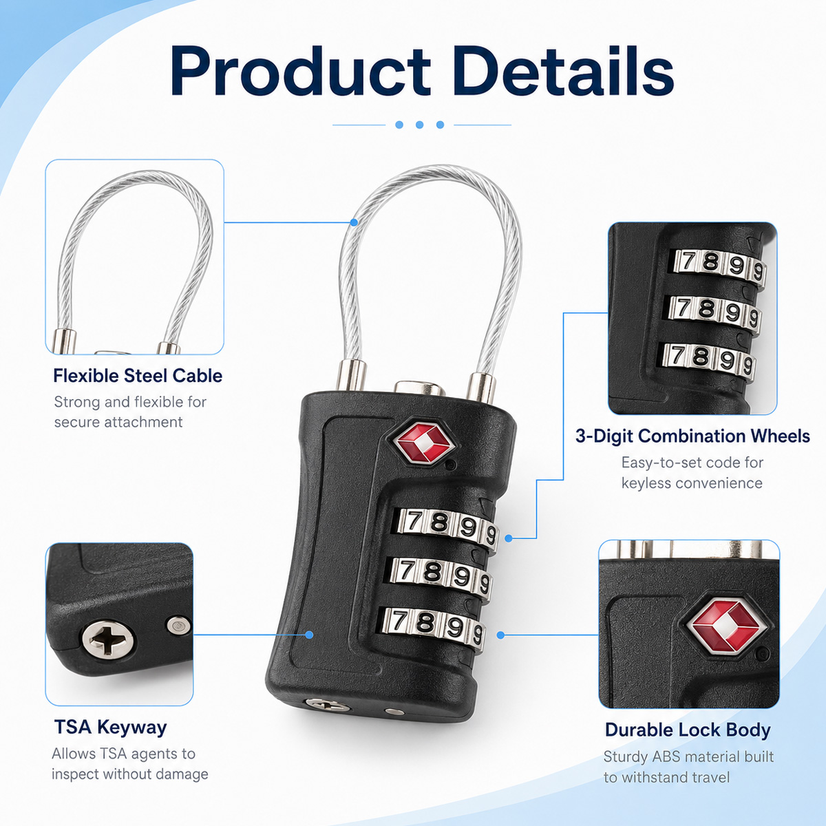 TSA承認済み荷物ロック 3桁コンビネーションケーブル南京錠 - Home Improvement Hardware のレビューと価格